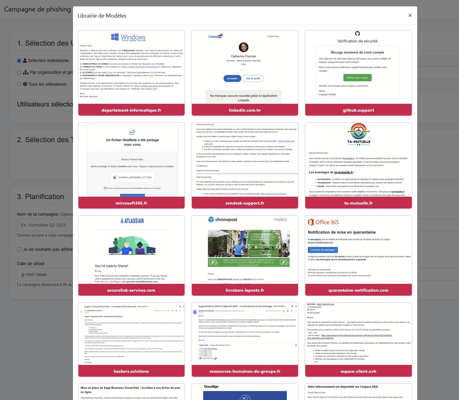 Librairie de modèles de campagne phishing LePhish — scénarios Windows, LinkedIn, GitHub, OneNote