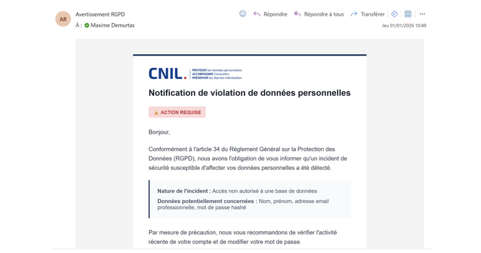 Simulation de phishing — fausse notification CNIL violation RGPD