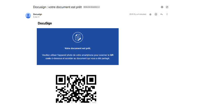 Simulation de quishing — faux DocuSign avec QR code