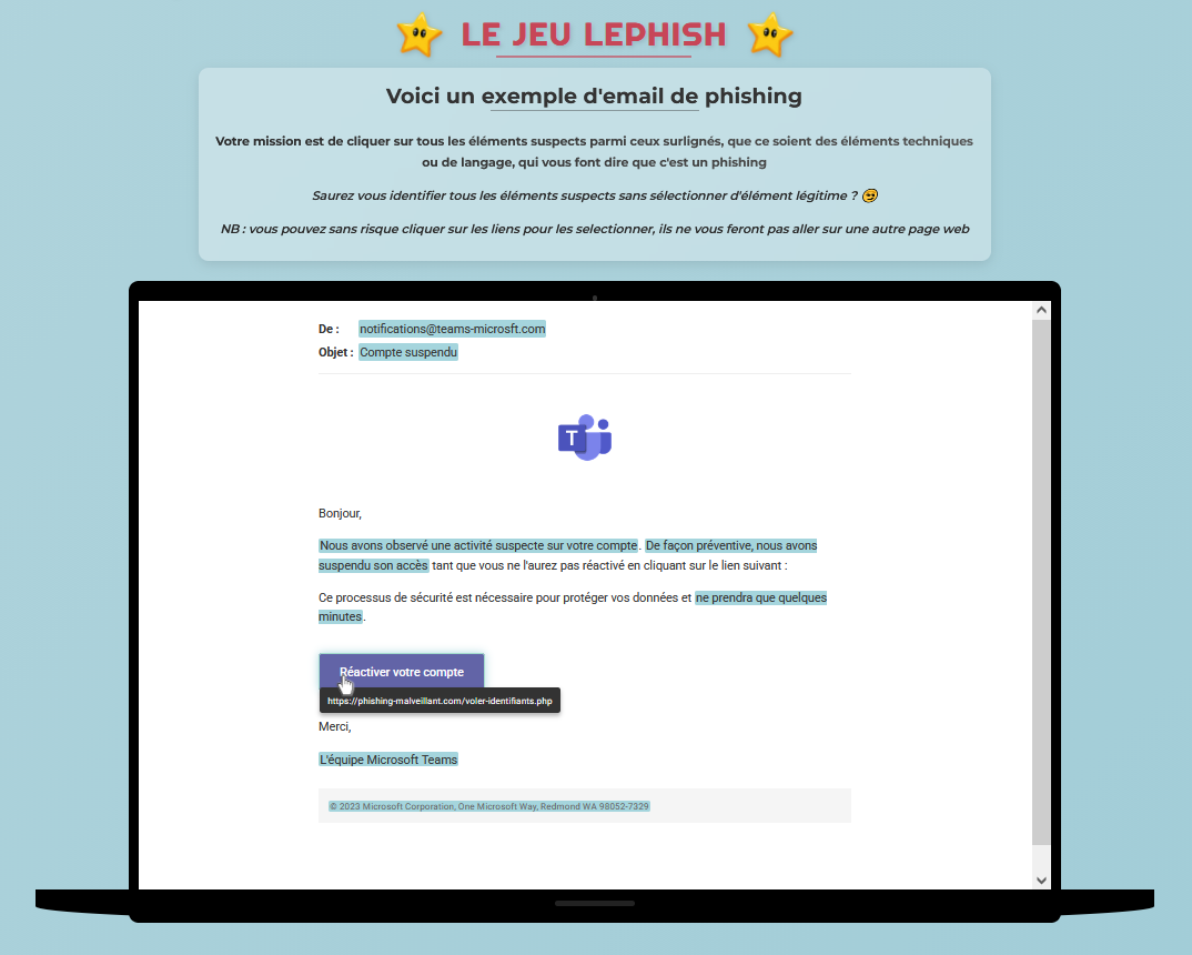 Mini-jeu de sensibilisation LePhish