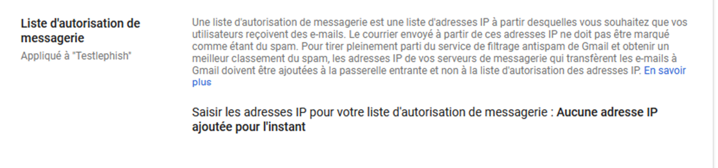 Menu Liste d'autorisation de messagerie
