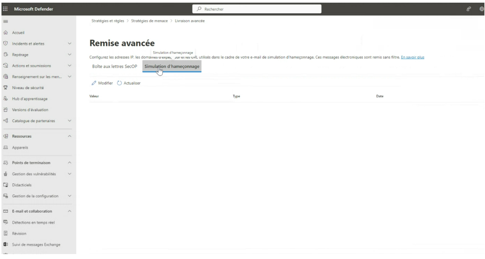 Menu Simulation d'hameçonnage
